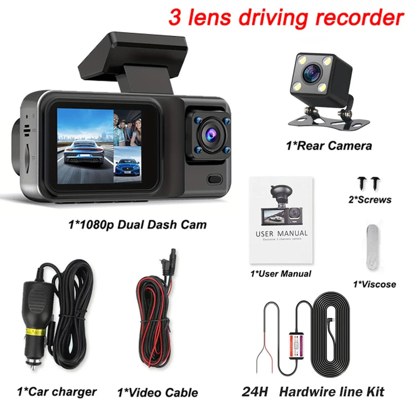 Budget 3-Channel Dash Cam – 1080P Front + Interior, Night Vision, Motion Detection, 64GB SD Option