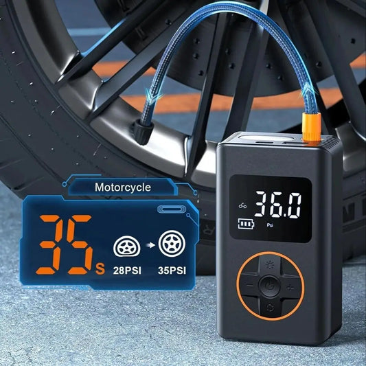 Portable Tire Inflator Air Compressor – 150 PSI Cordless Pump with Digital Gauge, LED Light, 4 Nozzle Set