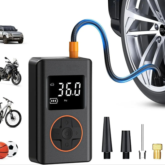 Portable Tire Inflator Air Compressor – 150 PSI Cordless Pump with Digital Gauge, LED Light, 4 Nozzle Set
