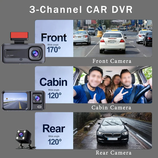 Budget 3-Channel Dash Cam – 1080P Front + Interior, Night Vision, Motion Detection, 64GB SD Option